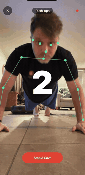 Live camera-tracked push-up rep counting with skeleton overlay